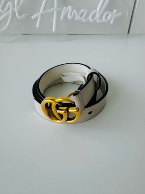 Gucci White Leather Double G Gold Buckle Belt